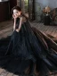 Gothique Chic / Belle Noire Robe De Bal 2022 Princesse V-Cou Perlage En Dentelle Fleur Sans Manches Dos Nu Longue Robe De Ceremonie
