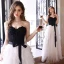 Fashion Black Ruffle Prom Dresses 2022 A-Line / Princess Strapless Lace Flower Sleeveless Backless Bow Sash Floor-Length / Long Formal Dresses