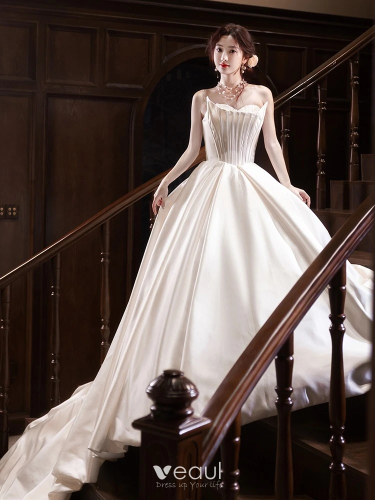 Elegant White Pearl Satin Wedding Dresses 2024 Ball Gown Strapless Sleeveless Backless Court Train Wedding Elegant White Pearl Satin Wedding Dresses 2024 Ball Gown Strapless Sleeveless Backless Court Train Wedding
