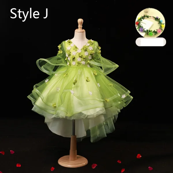 Flower Fairy Sage Green Appliques Birthday Flower Girl Dresses 2024 Ball Gown V-Neck Bell sleeves Floor-Length / Long