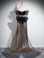 Sparkly Black Gold Sequins Lace Flower Prom Dresses 2024 Trumpet / Mermaid Off-The-Shoulder Short Sleeve Backless Bow Floor-Length / Long Prom Formal Dresses