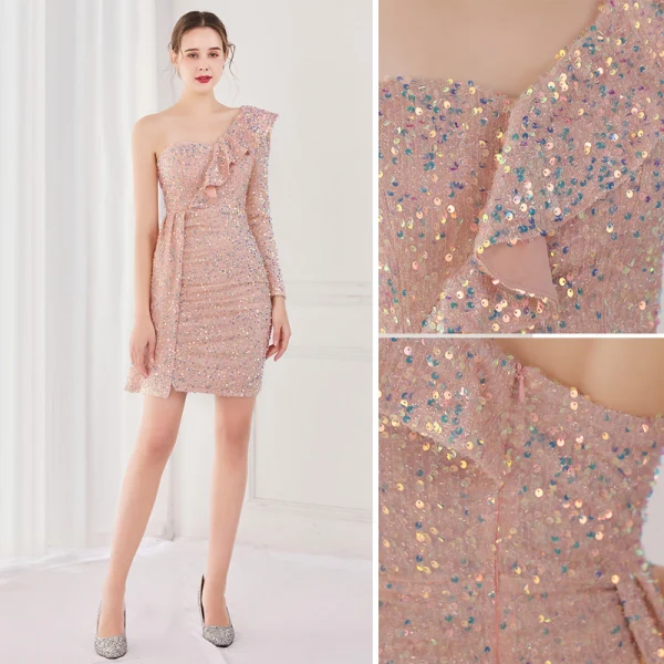 Sexy Weiß Pailletten Partykleider 2022 One-Shoulder Lange Ärmel Rückenfreies Lange Cocktail Abend Festliche Kleider