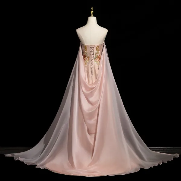 Style Chinois Rougissant Rose Perlage Paillettes En Dentelle Fleur Appliques Fendue devant Robe De Bal 2025 Princesse Bustier Sans Manches Dos Nu Train De Balayage Promo