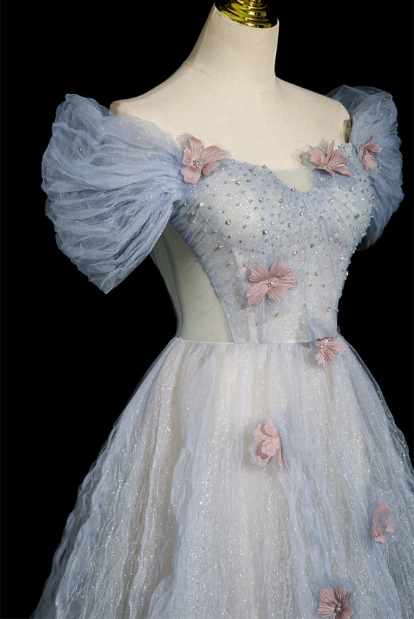 Bling Bling Sky Blue Beading Sequins Ruffle Prom Dresses 2023 A-Line / Princess Off-The-Shoulder Short Sleeve Backless Floor-Length / Long Prom Formal Dresses