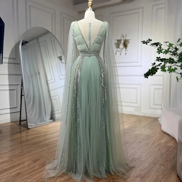 Elegante Salbeigrün Pailletten Ballkleider 2024 A Linie V-Ausschnitt Ärmellos Lange Ball Festliche Kleider
