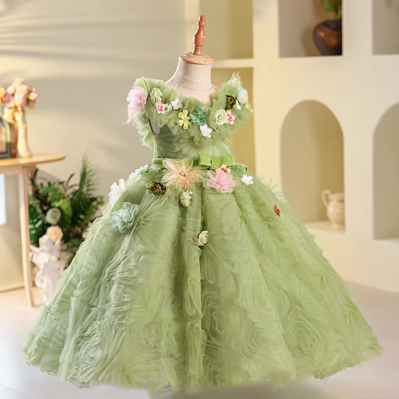 Flower Fairy Sage Green Pearl Appliques Birthday Flower Girl Dresses 2023 Ball Gown Neck