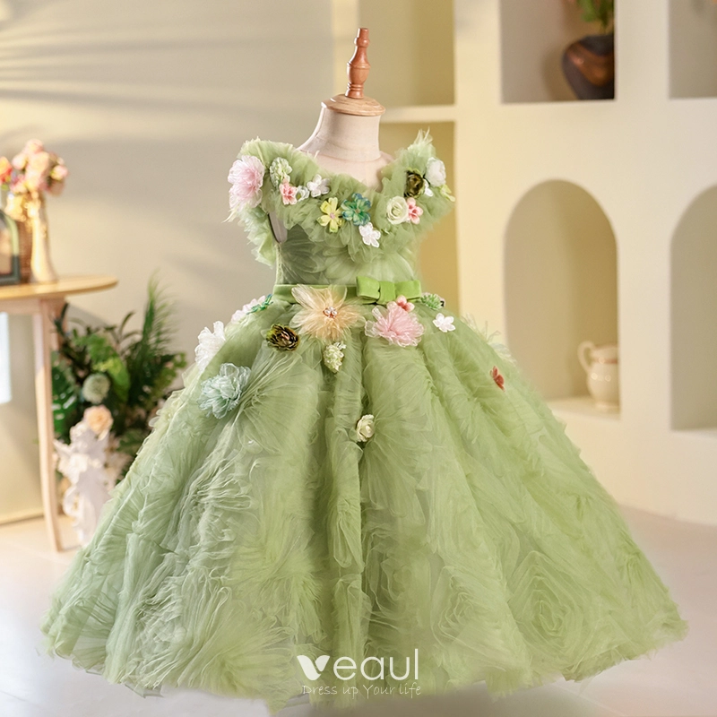 Flower Fairy Sage Green Pearl Appliques Birthday Flower Girl Dresses 2023 Ball Gown Scoop Neck Sleeveless Backless Bow Sash Floor Length Long