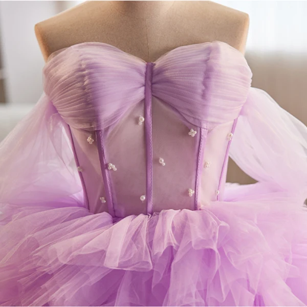 Charming Lavender Cascading Ruffles Pearl Prom Dresses 2023 Ball Gown Off-The-Shoulder