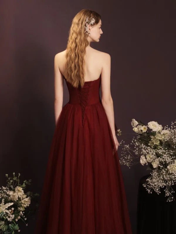 Charming Burgundy Bow Prom Dresses 2023 A-Line / Princess Strapless Sleeveless Backless Floor-Length / Long Prom Formal Dresses