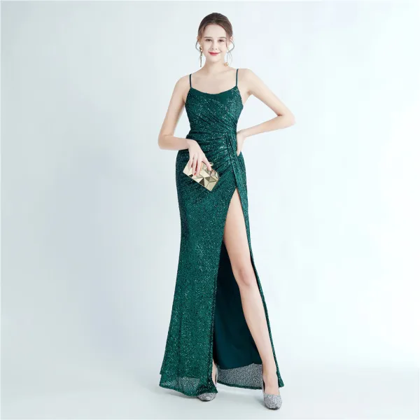 Sexy Bling Bling Bleu Ciel Paillettes Fendue devant Robe De Soirée 2024 Trompette / Sirène Bretelles Spaghetti Sans Manches Dos Nu Longue Soirée Robe De Ceremonie