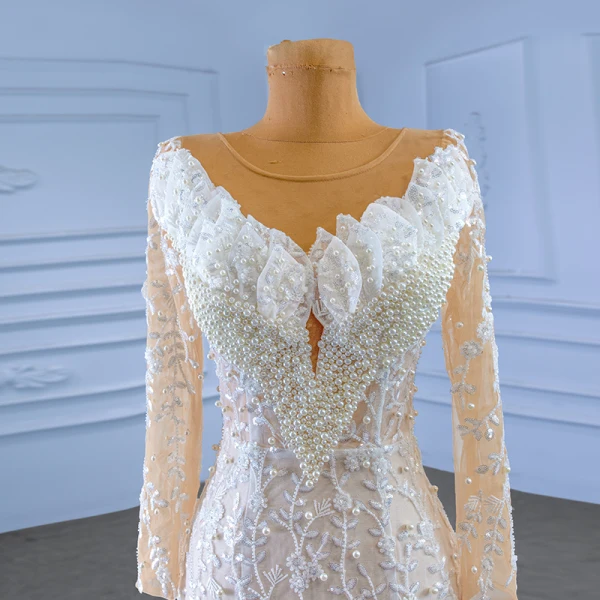High-end White Pearl Sequins Beading Wedding Dresses 2023 Trumpet / Mermaid Scoop Neck Long Sleeve Chapel Train Wedding