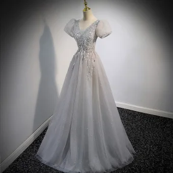 Elegant Grey Beading Sequins Prom Dresses 2022 A Line Princess V Neck Puffy Short Sleeve Backless Floor Length Long Prom Formal Dresses