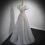 Elegant Grey Beading Sequins Prom Dresses 2022 A-Line / Princess V-Neck Puffy Short Sleeve Backless Floor-Length / Long Prom Formal Dresses