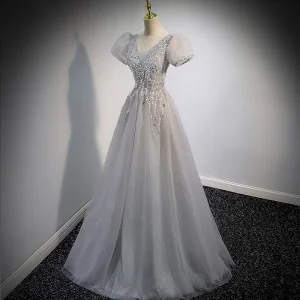 Elegant Grå Beading Paljetter Ballkjoler 2022 Prinsesse V Hals Puffy Korte Ermer Ryggløse Lange Ball Formelle Kjoler