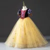 Chic / Beautiful Yellow Lace Sequins Flower Girl Dresses 2022 Ball Gown Square Neckline Short Sleeve Backless Floor-Length / Long Prom Flower Girl Dresses