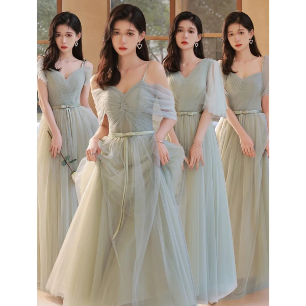Enkel Salvie Grønn Brudepikekjoler 2022 Prinsesse Korte Ermer Ryggløse Sløyfe Sash Lange Brudepike Formelle Kjoler