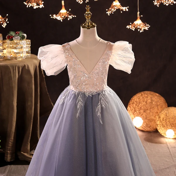 Chic / Beautiful Sky Blue Sequins Flower Girl Dresses 2022 A-Line / Princess Scoop Neck Puffy Short Sleeve Floor-Length / Long Prom Flower Girl Dresses