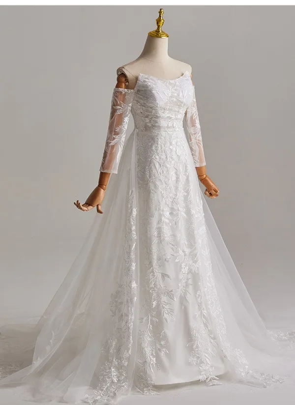 Schlicht Weiß Spitze Blumen Leichtes Brautkleider / Hochzeitskleider 2025 A Linie Off Shoulder Lange Ärmel Rückenfreies Sweep / Pinsel Zug