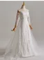 Schlicht Weiß Spitze Blumen Leichtes Brautkleider / Hochzeitskleider 2025 A Linie Off Shoulder Lange Ärmel Rückenfreies Sweep / Pinsel Zug