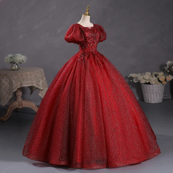 Bling Bling Burgundy Sequins Lace Flower Prom Dresses 2023 Square Neckline Puffy Short Sleeve Backless Floor-Length / Long Prom Formal Dresses