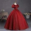 Bling Bling Burgundy Sequins Lace Flower Prom Dresses 2023 Square Neckline Puffy Short Sleeve Backless Floor-Length / Long Prom Formal Dresses