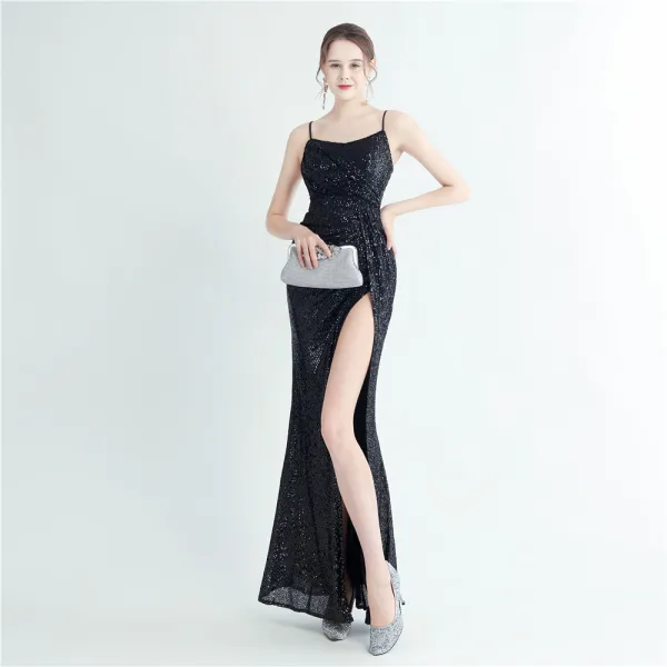 Sexy Bling Bling Bleu Ciel Paillettes Fendue devant Robe De Soirée 2024 Trompette / Sirène Bretelles Spaghetti Sans Manches Dos Nu Longue Soirée Robe De Ceremonie