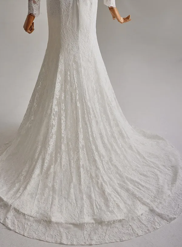 Vintage / Retro White Lace Flower Sweep Train Wedding Dresses 2025 Ball Gown Off-The-Shoulder Long Sleeve Backless