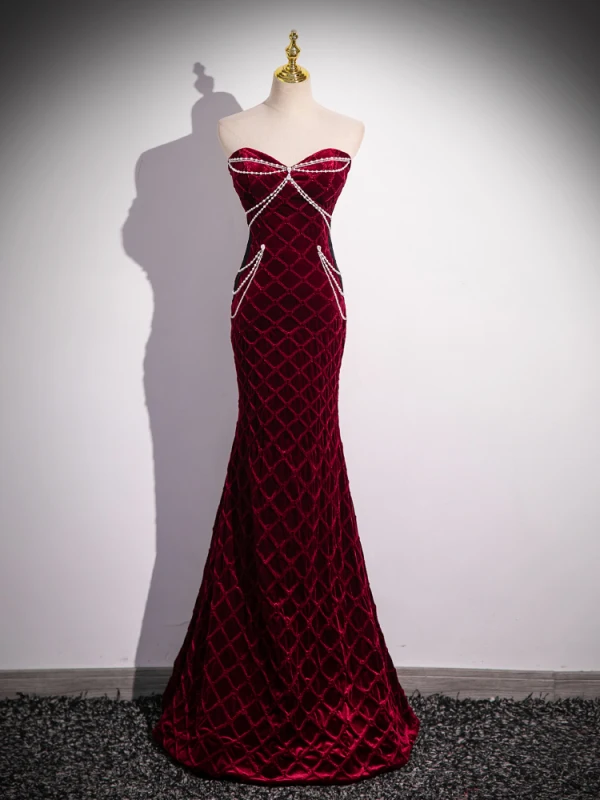 Sexy Burgundy Beading Pearl Evening Dresses 2024 Trumpet / Mermaid Strapless Puffy Short Sleeve Backless Floor-Length / Long Evening Party Formal Dresses