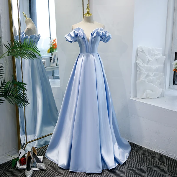 Elegant Sky Blue Prom Dresses 2021 A-Line / Princess Crossed Straps Ruffle  Solid Color Satin Off-