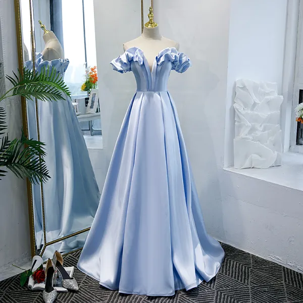 Elegant Sky Blue Prom Dresses 2021 A-Line / Princess Crossed Straps Ruffle Solid Color Satin Off-The-Shoulder Floor-Length / Long Dancing Formal Dresses