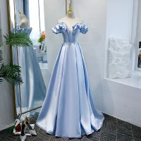 Elegantes Azul Cielo Vestidos de gala 2021 A-Line / Princess Correas Cruzadas Ruffle Color Sólido Satén Fuera Del Hombro Largos Bailando Vestidos Formales