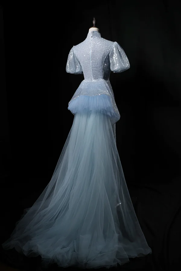 Scintillantes Bleu Ciel Fendue devant Paillettes Robe De Soirée 2024 Trompette / Sirène Col Haut Manches Courtes Longue Soirée Robe De Ceremonie