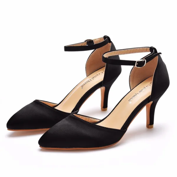 Schlicht Schwarz Ball Sandalen Damen 2024 Knöchelriemen 7 cm Stilettos Spitzschuh Hochhackige