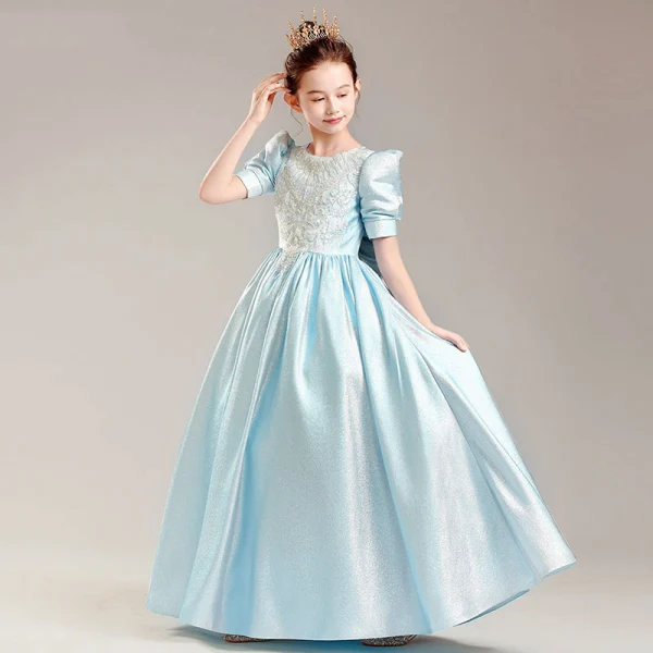 Chic / Belle Bleu Ciel Satin Anniversaire Robe Ceremonie Fille Princesse 2022 Encolure Dégagée Perlage Paillettes Faux Diamant Noeud Manches Courtes Longue Robe Ceremonie Fille