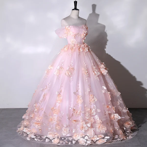 Flower Fairy Blushing Pink Appliques Prom Dresses 2023 Ball Gown Off-The-Shoulder Outdoor / Garden Short Sleeve Backless Floor-Length / Long Prom Formal Dresses