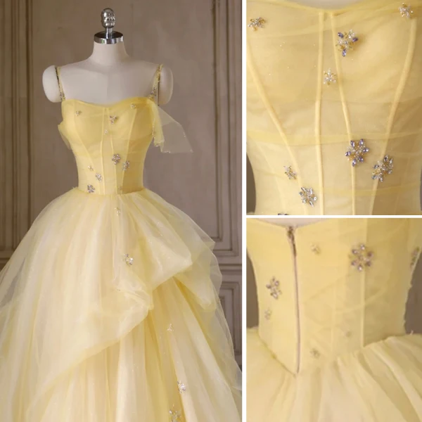 Chic / Beautiful Yellow Prom Dresses 2022 Ball Gown Spaghetti Straps Pearl Rhinestone Sequins Sleeveless Floor-Length / Long Formal Dresses
