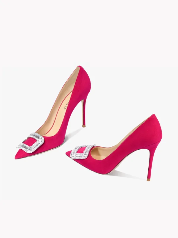 Inhabituel Fushia Daim Faux Diamant Promo Escarpins 2024 Cuir 10 cm Talons Aiguilles À Bout Pointu Escarpins Talons Hauts