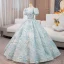 Elegant Sky Blue Printing Sequins Prom Dresses 2024 Ball Gown V-Neck Short Sleeve Backless Floor-Length / Long Prom Formal Dresses