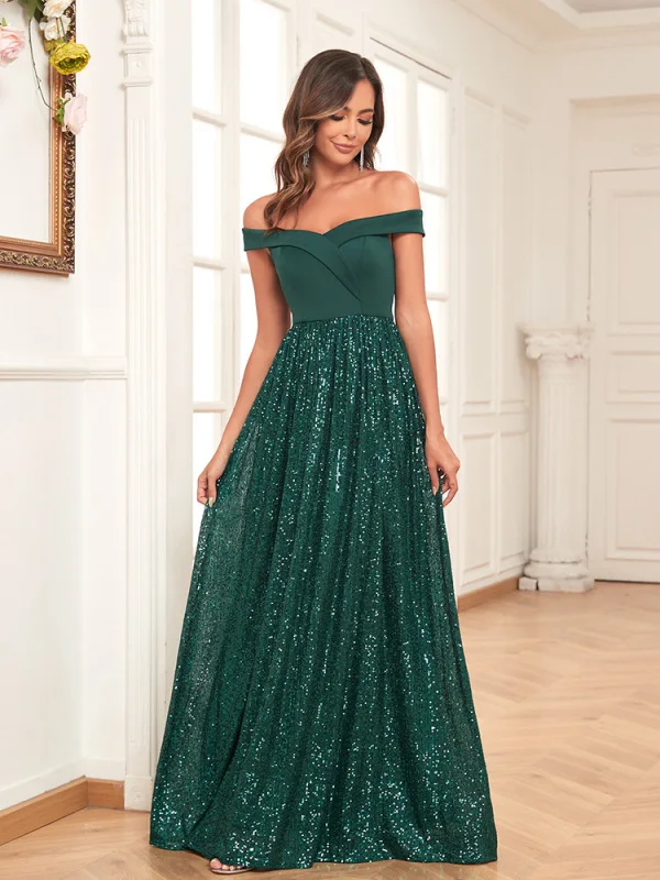 Bling Bling Dark Green Sequins Evening Dresses 2024 A-Line / Princess Off-The-Shoulder Sleeveless Backless Floor-Length / Long Evening Party Formal Dresses