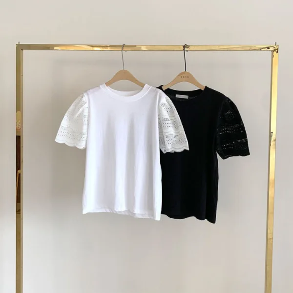 White Pierced Solid Color Cotton Scoop Neck Street Wear Summer Short Sleeve Fashion 2021 Women's Tops