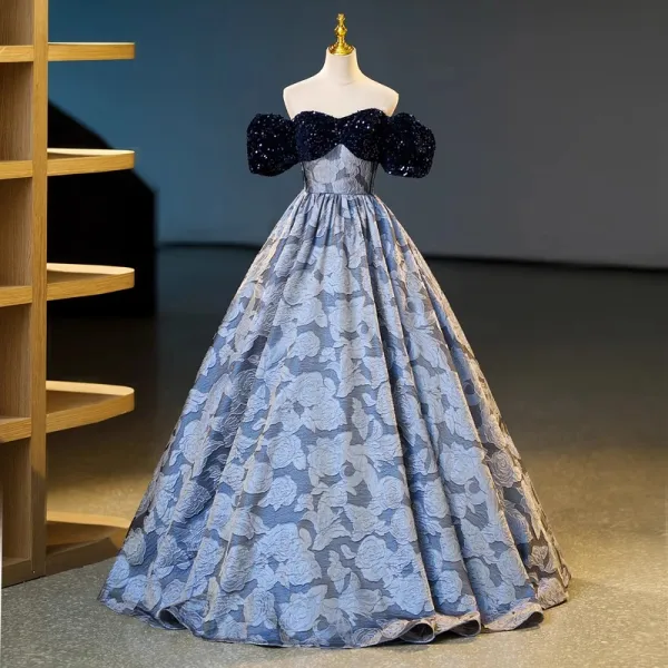 Vintage / Retro Navy Blue Sequins Printing Prom Dresses 2023 Ball Gown Off-The-Shoulder Short Sleeve Backless Floor-Length / Long Prom Formal Dresses