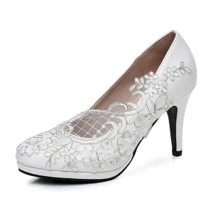 Elegante Witte Kant Bloem Bruidsschoenen 2025 9 Cm Naaldhakken Stiletto Ronde Neus Huwelijk Pumps Hoge Hakken
