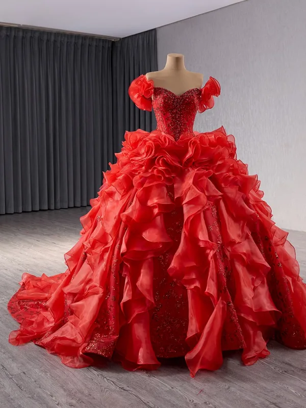 High-end Red Beading Pearl Sequins Cascading Ruffles Wedding Dresses 2024 Ball Gown Off-The-Shoulder Short Sleeve Backless Court Train Wedding