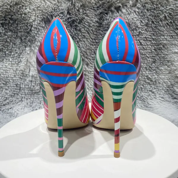Unusual Multi-Colors Stripe Prom Pumps 2023 Patent Leather 12 cm Stiletto Heels Pointed Toe Pumps High Heels