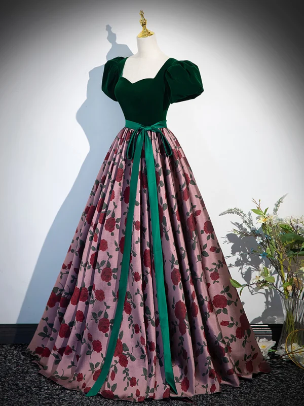 Vintage / Retro Dark Green Printing Prom Dresses 2024 Ball Gown Square Neckline Bow Sash Short Sleeve Backless Floor-Length / Long Prom Formal Dresses