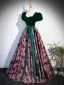 Vintage / Retro Dark Green Printing Prom Dresses 2024 Ball Gown Square Neckline Bow Sash Short Sleeve Backless Floor-Length / Long Prom Formal Dresses