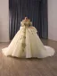 Luxury / Gorgeous Champagne Beading Sequins Wedding Dresses 2026 Ball Gown Off-The-Shoulder Short Sleeve Backless Bow Chapel Train