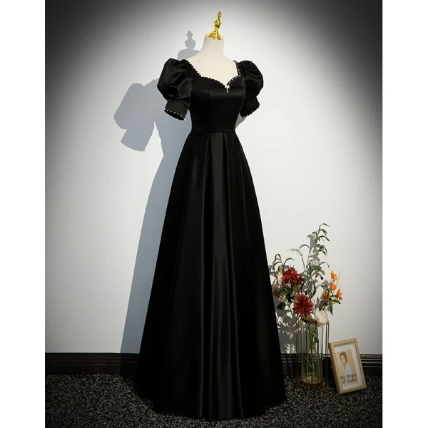 Elegant Black Satin Evening Dresses 2023 A-Line / Princess Pearl Square Neckline Rhinestone Bow Puffy Short Sleeve Backless Floor-Length / Long Evening Party Formal Dresses