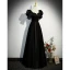 Elegant Black Satin Evening Dresses 2023 A-Line / Princess Pearl Square Neckline Rhinestone Bow Puffy Short Sleeve Backless Floor-Length / Long Evening Party Formal Dresses
