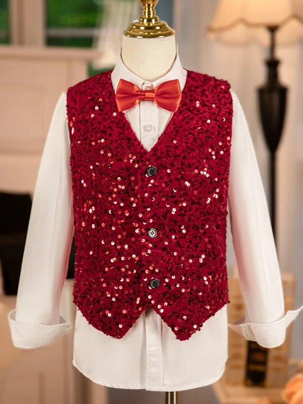 Bling Bling Rouge Paillettes 6 pièces Manches Longues Costume Garçon Mariage 2024 Bijoux De Corps Manteau Pantalon Chemise Cravate Gilet